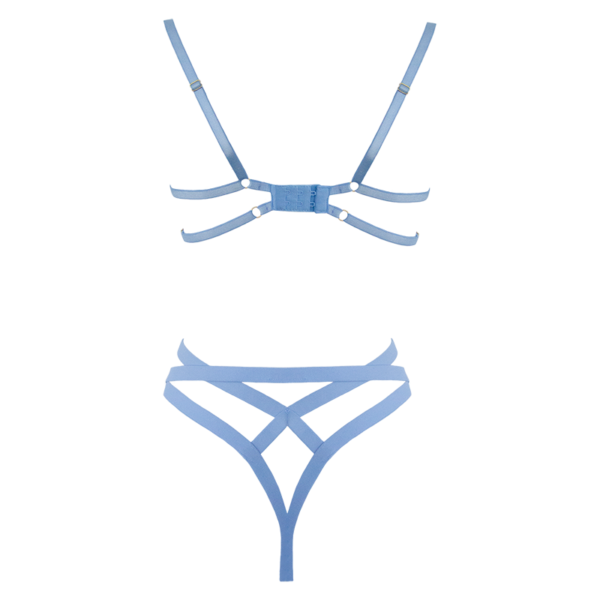 Blue 2 piece lingerie set with floral applique on bra and elastic strap g-string bottom