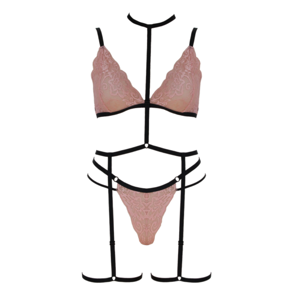 Dust pink, lace bralette and g-string shown with full body, elastic harness that wraps has band around neck, waist and each thigh. Shown on white background.