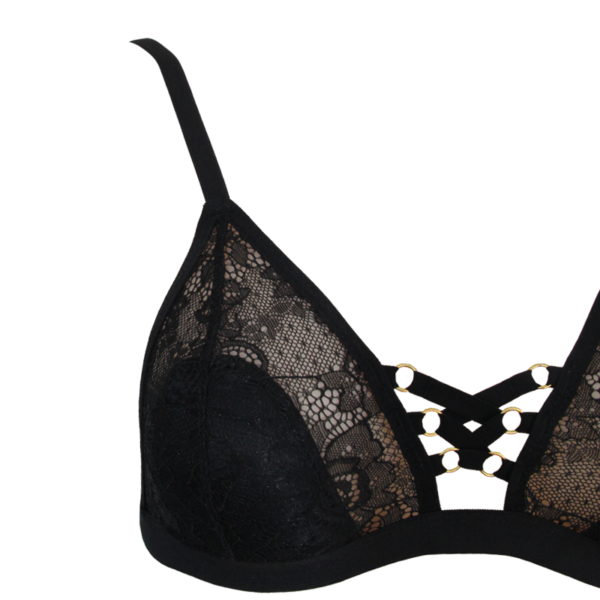Black lace 3 piece lingerie set with garter belt- close up of top