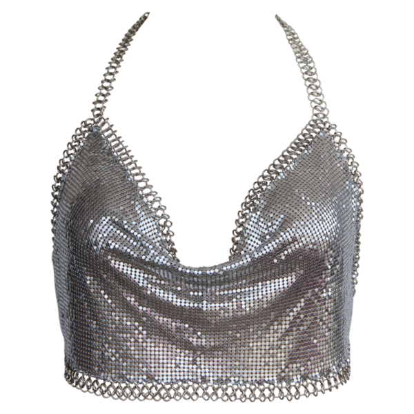Halter neck, cropped silver glomesh top with chainmail trim detail. Shown on white background.