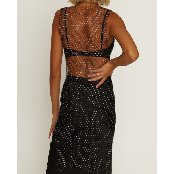 See through black mesh dress with diamantes, sleeveless with high neck